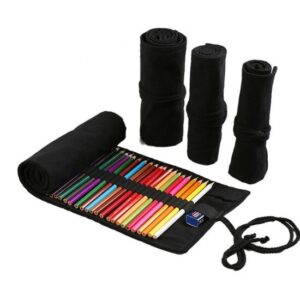 Roletui - Oprolbare Etui - Schooletui - Etui voor potloden, pennen, stiften, kwasten, make up - Canvas - Zwarte Etui - 34x20cm - 24 gaten