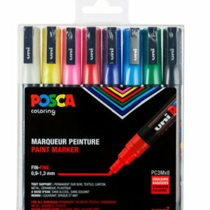 Krijtstift - Chalkmarker - Universele Marker - Uni Posca Marker - Standaard Kleuren - PC-3M - 0,9mm - 1,3mm - 8 stuks