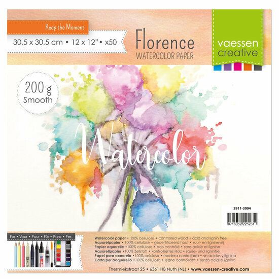 Florence Aquarelpapier - Off White - Gladde Structuur - Waterabsorberend - Textuur voor Aquarelverf - Smooth Florence - 30,5x30,5cm - 200 grams - 50 vellen