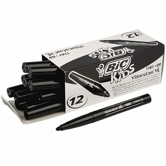 Stiften Zwart - Zwarte Viltstiften - Kleurstiften - Tekenstiften - Stiften Met Dikke Punt - Waterbasis - Premium Kwaliteit - Kindvriendelijke Stiften - Lijndikte 3mm - BIC Visa Color - 12 stuks