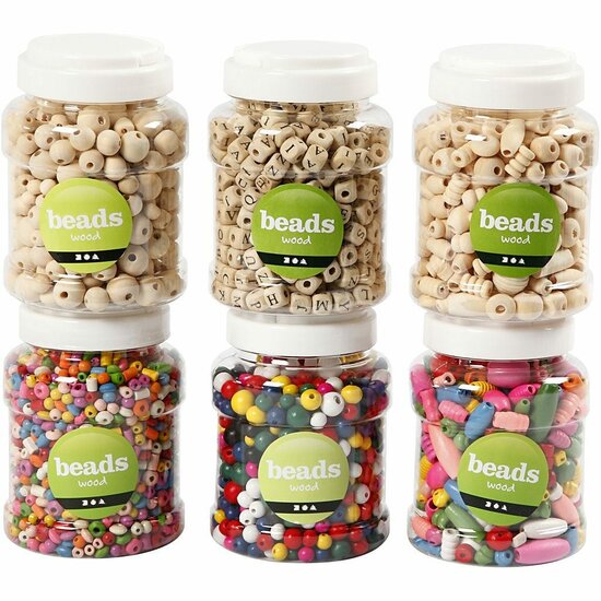 Houten Kralen - Assortiment - 6 x 200 gr - 5-25 mm - Houten Knutselkralen in 6 Plastic Emmers - Geschikt voor DIY Sieraden & Creatieve Handwerken