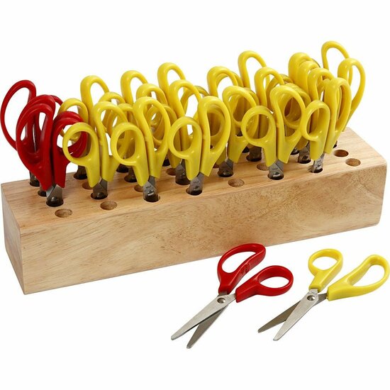Kinderscharen Set - Links- en Rechtshandig - Ronde Punt - Kleuren Rood & Geel - Papier Knippen Voor Kinderen - Inclusief Houder - 24 Stuks