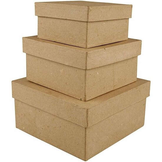 Vierkante Papier-Maché Dozen - Set van 3 - Handgemaakte Opbergdozen - DIY Cadeauverpakking - Creatief Versieren - Decoupage - Scrapbooking - Opbergbakken Knutselen - H: 5+6+7,5 cm - 10+12,5+15 cm