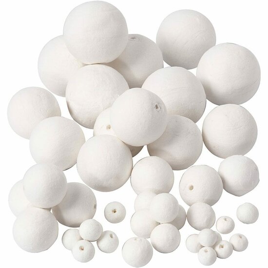 Katoenen Ballen - Witte Katoenen Hobbyballen Met Gat - DIY Knutselballen Voor Creatieve Decoratieprojecten - Geschikt Voor Kaarten & Kerstdecoratie - 12+15+20+30+40+50 mm - Set van 42 Stuks