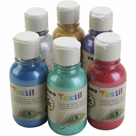 Textielverf Verschillende Metallic Kleuren - Kledingverf - Textiel Kleurstof - Stoffenverf - Kindvriendelijke Huidveilige Textielverf - Kledingverf - Verf Voor Kleding - PRIMO - 6 x 125 ml