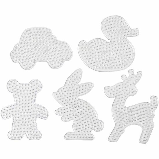 Jumbo Strijkkralen Onderplaten - Transparante Onderplaten - Teddybeer, Auto, Rendier, Eend & Konijn - Grote Vormpjes Voor Knutselplezier - Handige Set - 16x19,5-19x24cm - Set Van 5 Stuks