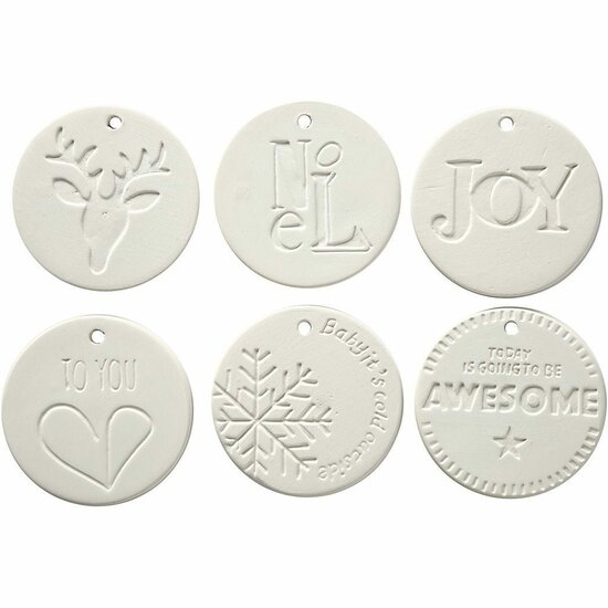 Hangende Ornamenten - Witte Terracotta Decoraties - DIY Ornamenten met Ophangoog - Verschillende Motieven - 6 Stuks