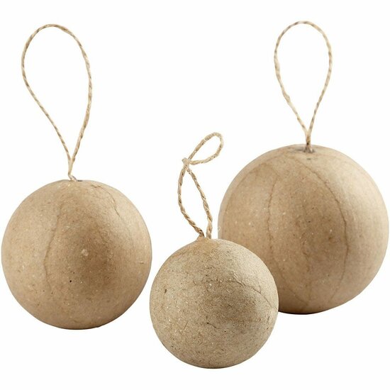 Ornamenten - Handgemaakte Papier Maché Ornamenten - Drie Maten Decoratieve Ballen met Ophanglus - 4+5+6 cm - 6 Stuks