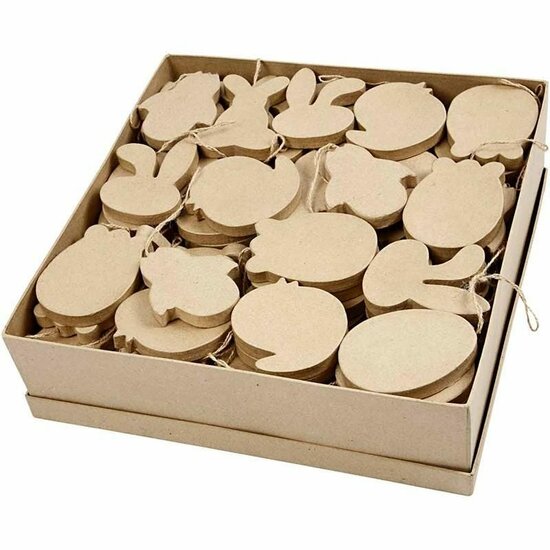 Paas Decoraties - Hangende Decoraties voor Pasen - Papier Maché Paasornamenten met Jute Koord - Hoogte 10 cm - 114 Stuks