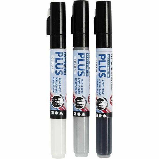 Acrylstift Set Zwart, Off-white, Grijs - Acrylmarkers - Verfstiften - Multi Stiften - Waterbasis Tekenstiften - Voor Glas, Hout, Karton & Textiel - Sneldrogend en Pigmentrijk - Lijndikte 1-2mm - Plus