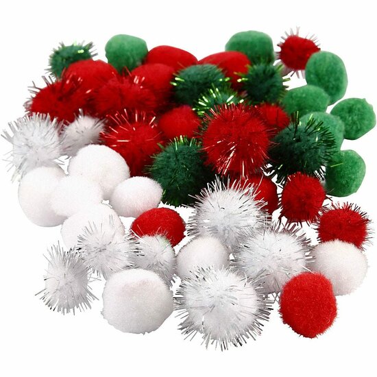 Pompoms - Groen, Rood, Wit - Glitter Pompoms - Maten 15+20 mm - 48 Stuks