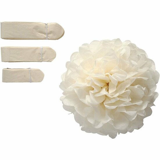 Zijdepapier Pompons Crème - Happy Moments Pompons Decoratie - DIY Pompons van Zijdepapier - Crème Pompons Feestdecoratie - Diameter 20, 24, 30 cm - 3 Stuks