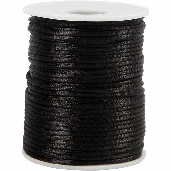 Satijnkoord Zwart - 50 Meter - 2mm Dikke Glanzende Hobbykoord - Stevig Rond Koord Voor Sieraden Maken, DIY Macramé, Geschenkverpakking, Hangers & Creatieve Decoratie