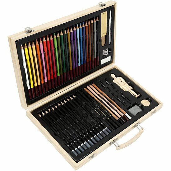 Tekenset & Schetsset - Complete Tekenkit Voor Beginners & Professionals - Inclusief Kleurpotloden, Grafiet, Houtskool & Accessoires - Luxe Houten Opbergdoos - Diverse Kleuren - 1 Stuk