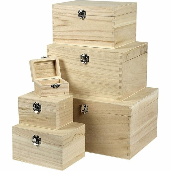 Houten Opbergdozen Set - 6 Stuks - Vierkante Bewaardozen Met Deksel & Metalen Sluiting - Perfect Voor Opslag, DIY, Organiseren, Knutselmaterialen & Decoratieve Styling