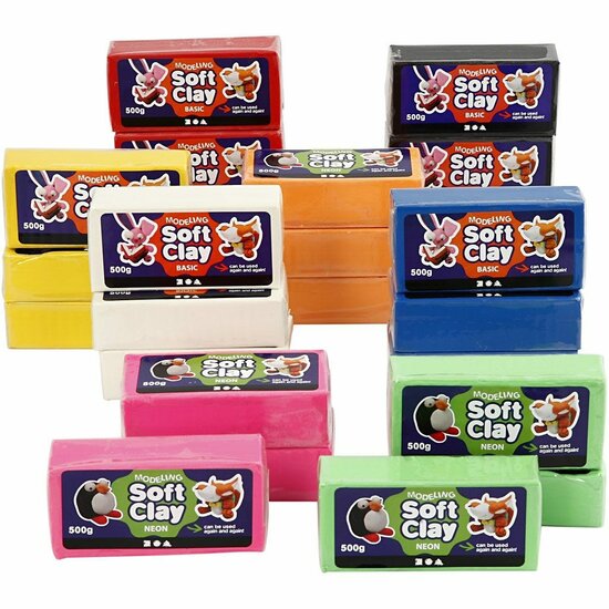 Soft Clay - Boetseerklei - Zachte Klei - Klei Set - Boetseerklei Assortiment - Kleuren Assortiment - 24x500 gr - 8 Kleuren - 13x6x4 cm