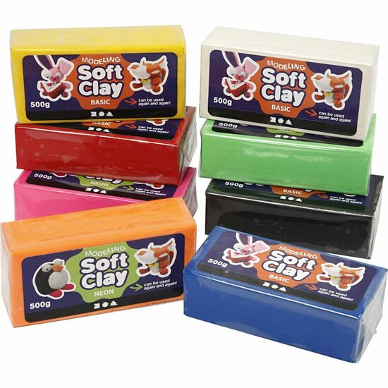 Soft Clay - Niet Drogende Klei - DIY Kleien In Diverse Kleuren - Formaat 13x6x4 cm - Gewicht 500gr - Set van 8 stuks - Modelleringsklei - Speelklei - Kunst Klei