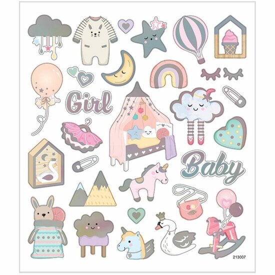 Baby Girl Stickers - Roze Babystickers - Zelfklevende Glitterstickers - Decoratie & Scrapbooking - Geschikt Voor Kaarten & DIY - Babyshower-Plakstickers - 15x16,5 cm - 1 Stickervel