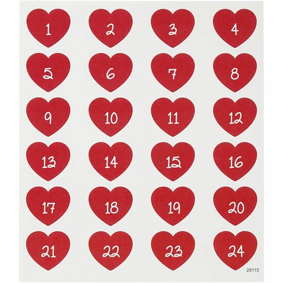 Rode Stickers - Harten Met Cijfers 1-24 - Advent-Stickers - Scrapbooking & Kaarten-Decoratie - Kerst & Valentijn-Decor - DIY - 15x16,5 cm - 1 Stickervel