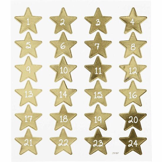 Advent Stickers - Gouden Sterren Met Cijfers 1-24 - DIY Decoratie Voor Kaarten en Kerst - Afmetingen 15x16,5cm - 24 Stickers - 1 Vel