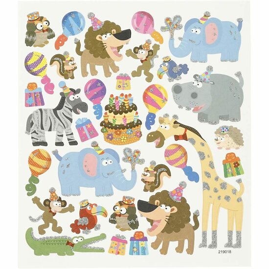 Dierenfeest Stickers - Kleurrijke Zelfklevende-Stickers - Dieren-Thema - Feest & Ballonnen - Kaarten Maken - Scrapbooking - DIY Decoratie - 15x16,5 cm - 1 Stickervel