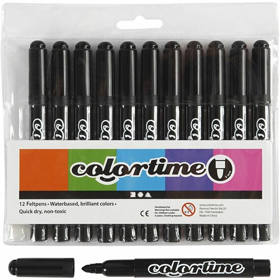 Stiften Zwart - Zwarte Viltstiften - Kleurstiften - Tekenstiften - Stiften Met Dikke Punt - Waterbasis - Zeer Intense Kleuren - Lijndikte 5mm - 12 stuks