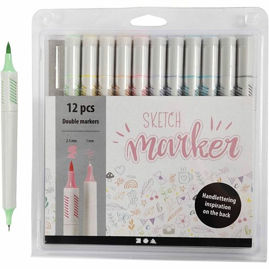 Tekenstiften - Pastelkleuren Markers - Voor Papier en Karton - Dubbele Punt 1+2-5mm - Set van 12 Stuks - Ideaal voor Creatieve Projecten