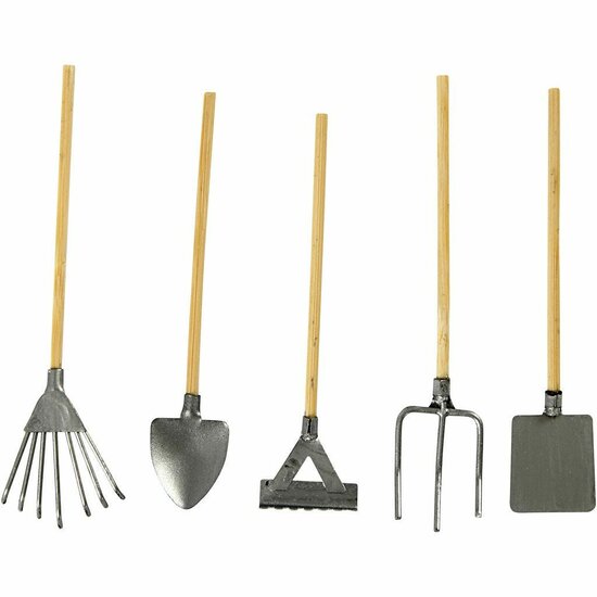 Tuingereedschap - Mini Tuingereedschap - Hobby Tuinset - Kleine Schep, Hark, Vork - Decoratieve Tuinaccessoires - Metaal En Hout - Miniatuur Gereedschap - Lengte 11 cm - Set van 5 Stuks