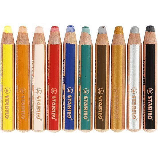 Woody 3-in-1 Kleurpotloden - 10 Kleurpotloden Voor Creatieve Projecten - 11 cm Lang, 10 mm Dikte - Diverse Kleuren - 10 Stuks