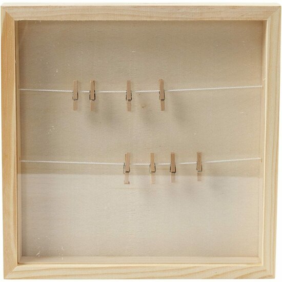 3D Houten Lijst met Glas - Fotolijst met Waslijnen & Mini Wasknijpers - DIY Fotolijst voor Foto’s, Kaarten & Decoratie - Schuifdeksel van Perspex - 23x23 cm - Dikte 3,5 cm - Decoratieve 3D Lijst