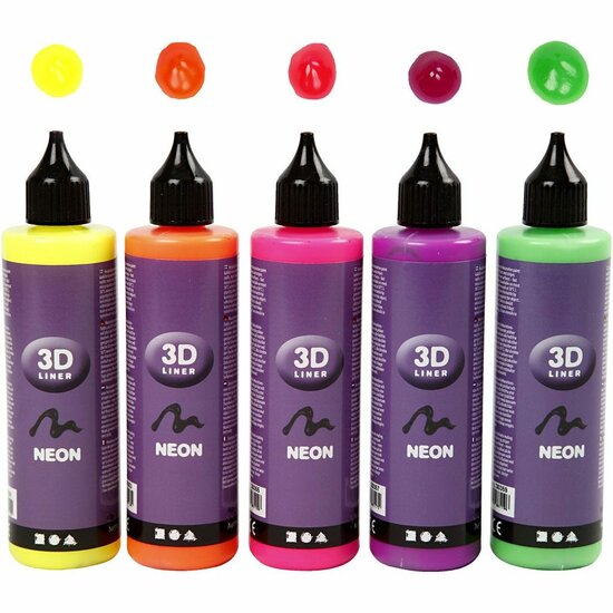 3D Liner - 3D Verf - 3D Paint - 3D Schilderen - Textuurschilderen - Reliëf Schilderen - Neon Kleuren - Karton, Stof, Metaal, Papier, Steen - 100ml - 5 stuks