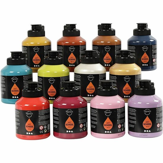 Acrylverf - Verschillende Kleuren - Acrylaatverf - Acrylic paint - Hobbyverf - Sneldrogende Verf - Pigment Art School - 12x500 ml