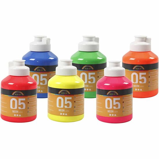 Acrylverf - Neon Kleuren - Acrylaatverf - Acrylic paint - Hobbyverf - Sneldrogend - Intense Pigmenten - Fluorescerende verf voor Schilderen, Knutselen & DIY - 6x 500 ml
