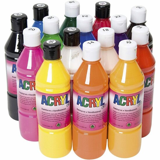 Acrylverf - Primaire Kleuren - Acrylaatverf - Acrylic paint - Hobbyverf - Sneldrogend - Professionele Acrylverf set - Kunstschildersverf voor Kunst & DIY - 15x500 ml
