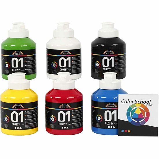 Acrylverf - Glossy Verf - Acrylaatverf - Acrylic paint - Hobbyverf - Knutselen en Verven - Sneldrogend - Primaire Kleuren - 500 ml - 6 stuks