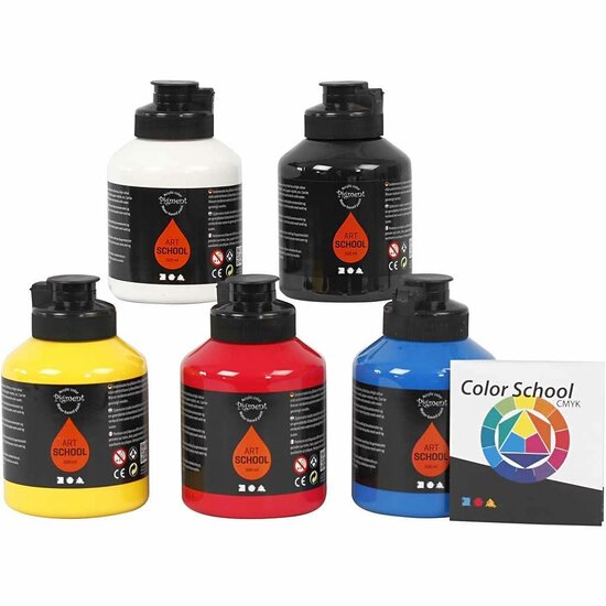 Acrylverf - Primaire Kleuren - Acrylaatverf - Acrylic paint - Hobbyverf - Sneldrogende Verf - Dekkende Verf - Waterbasis Verf - Primair Kleuren - Dekkend - Pigment Art School - 5x500 ml