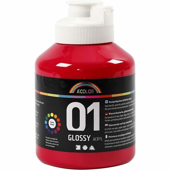 Acrylverf - Rode Verf - Kids Acrylic - Acrylaatverf - Acrylic paint - Schoolverf - Knutselen en Verven - Sneldrogend - Primair Rood - Glossy - 500 ml