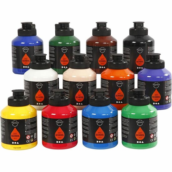 Acrylverf - Diverse Kleuren - Acrylaatverf - Acrylic paint - Hobbyverf - Sneldrogende Verf - Semi Glanzende Verf - Waterbasis Verf - Pigment Art School - 12x500 ml