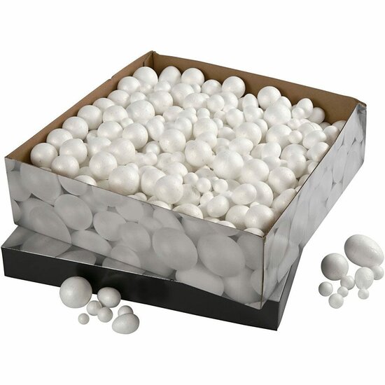 Styropor Ballen En Eieren – Piepschuim Ballen Voor DIY – Witte Styropor Knutselballen – Hobby Ballen Voor Decoratie – Verschillende Maten Styropor Ballen – 550 Stuks