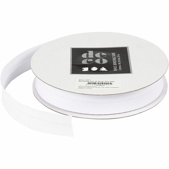 Bias Band - Wit - Katoenen Afwerkband - Stevig & Flexibel - Geschikt voor Kleding & Knutselwerk - Breedte 20 mm - Lengte 25 m - 1 Rol