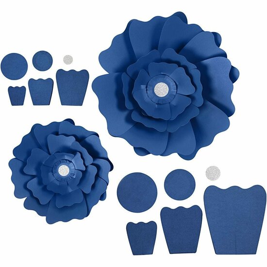 Papieren Bloemen - DIY Bloemen Set - Blauw - Structuurkarton - Inclusief Instructies & Tape - Decoratieve Bloemen - 15+25 cm - 230 gr - 2 Stuks