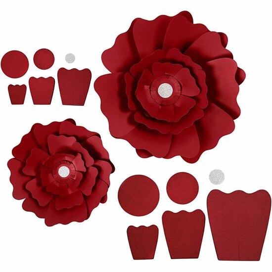 Papieren Bloemen - Knutselpakket - Rood - Structuurkarton - DIY Decoratie - Inclusief Instructies & Tape - 15+25 cm - 230 gr - 2 Stuks