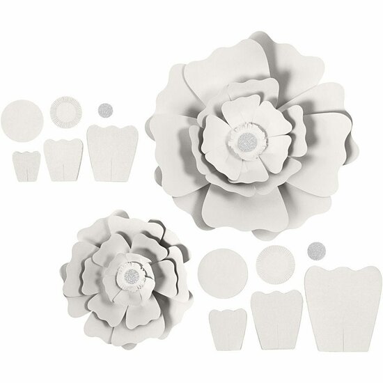 Bloemen - DIY - Decoratieve Bloemen - Knutselpakketje Bloemen - 3D Bloem Maken - Wit - Karton - 15+25 cm - 2 stuks