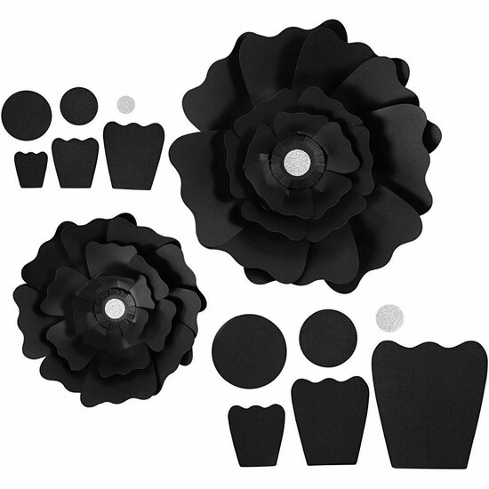 Papieren Bloemen - DIY Bloemen Knutselset - Zwart - Structuurkarton - Creatieve Decoratie - Inclusief Tape & Instructies - 15+25 cm - 230 gr - 2 Stuks