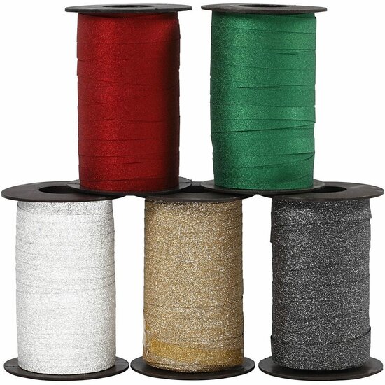 Cadeaulint – Cadeaulinten Voor Inpakken – Geschenk Linten Met Glitter – Gekleurde Linten Voor Cadeauverpakking – Cadeaulint Set – 10 mm - 5x100 m - Kleuren Assorti
