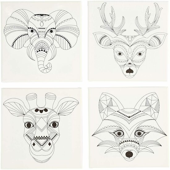 Canvas Met Print - DIY Creatief Canvas - Thema: Dieren - Formaat: 20x20 cm - Gewicht: 280 gr - Set van 4 Stuks - Schilderdoek - Hobby Schilderen - Muurdecoratie