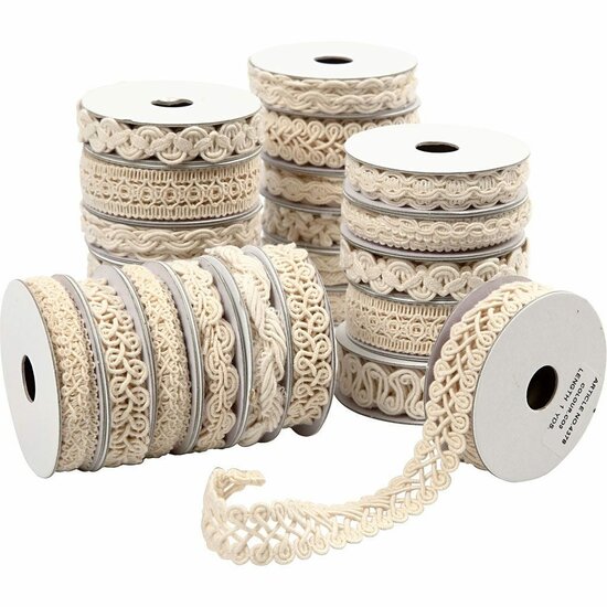 Decoratief Lint Crèmekleur - 14 Designs - 56 Rollen van 0,9 m - 6-18 mm Breed