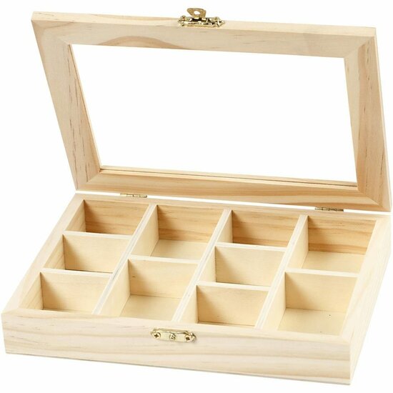 Houten Vakken Doos - Luxe Opbergdoos Met Glazen Deksel - Voor Sieraden, Theezakjes & Accessoires - Organiseer In 10 Vakken - 15,5x20,5x3,5 cm, 1 Stuk