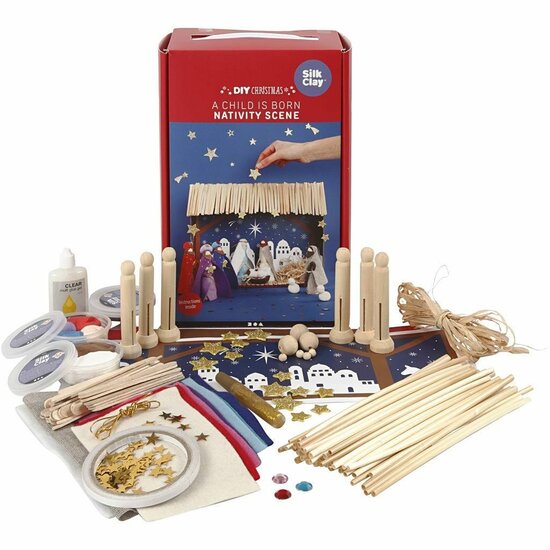 Knutselset - DIY Kerststal Set - Knutselen Met Silk Clay - Vilt En Creatieve Materialen - Handgemaakte Miniatuur Kerststal - Hobby Boetseer Set - DIY Kerstfiguren - Compleet Pakket - 1 Set