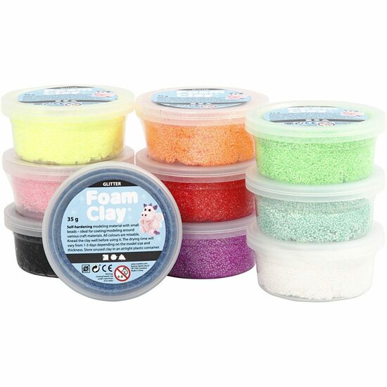 Klei - Diverse Kleuren Glitter Boetseerklei - Kinder Klei - Foam Clay - Lichtgewicht Klei - Air Dry Clay - Klei Met Styropor Balletjes - Zelfhardende Klei - 35 gram - 10 stuks